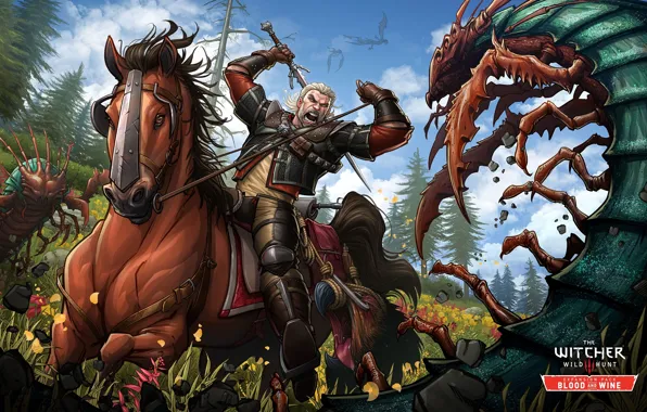 Картинка атака, лошадь, меч, ведьмак, art, Witcher, Gwynbleidd, Patrick Brown