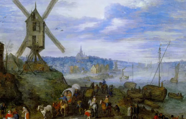 Картинка пейзаж, картина, Ян Брейгель старший, Речная Пристань с Мельницей