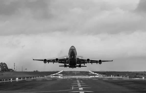 Airplane, cloudy, taking off