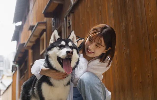Woman, dog, asian, cute