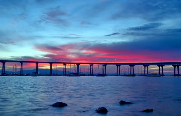 Море, пейзаж, закат, мост