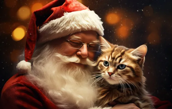 Кошка, кот, котенок, доброта, портрет, Рождество, Новый год, Санта Клаус