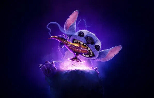 Дым, лампа Аладдина, Лило и Стич, Lilo And Stitch, Aladdin Lamp, темно сиреневый фон