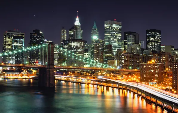 Ночь, мост, огни, Нью-Йорк, небоскребы, Bridge, night, NYC