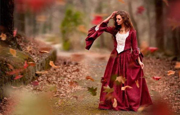 Картинка осень, листья, девушка, стиль, ветер, платье