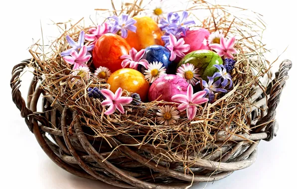 Цветы, праздник, весна, Пасха, корзинка, соломка, яйца крашеные, пасхальная картинка