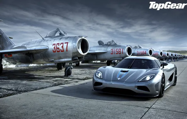 Картинка небо, фары, Koenigsegg, истребители, суперкар, top gear, передок, самолёты