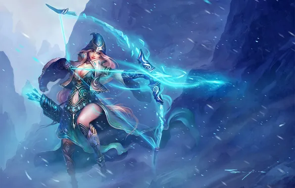 Холод, девушка, снег, горы, лук, арт, league of legends, ashe