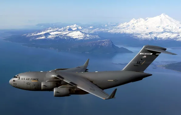 Картинка Boeing, Alaska, sea, snow, hills, military transport, US air force