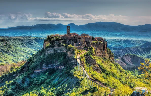 Картинка горы, мост, природа, Италия, Civita di Bagnoregio