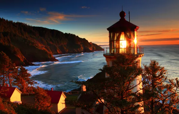 Картинка море, природа, фото, побережье, маяк, США, Central Oregon