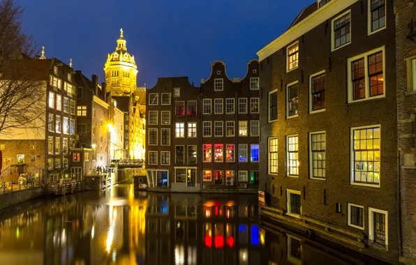 Картинка ночь, city, город, lights, огни, река, Амстердам, panorama