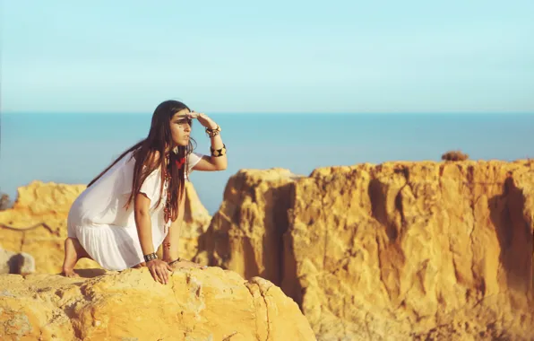 Girl, dress, ocean, sunny, looking for