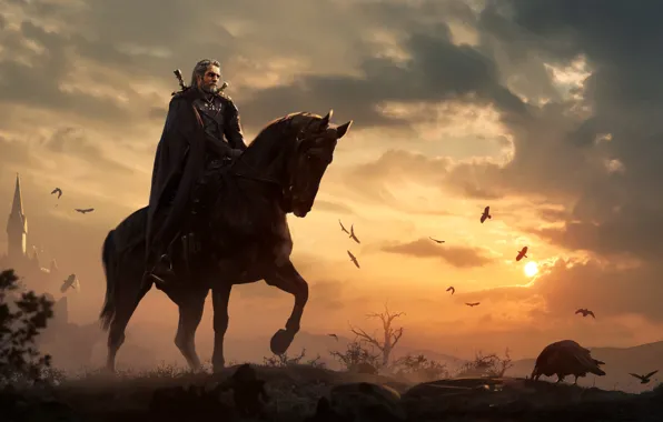 Картинка лошадь, art, geralt, Gwynbleidd, The Witcher 3 Wild Hunt, Geralt of Rivia, white wolf, плотва