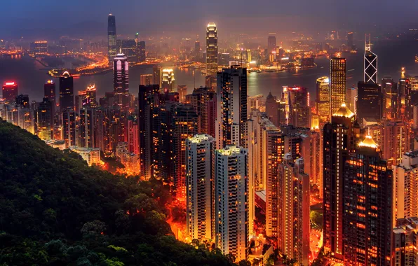Ночь, город, огни, вечер, Азия, Hong Kong