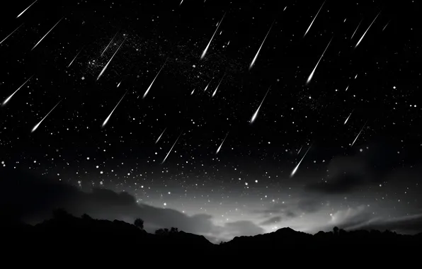 Звезды, ночь, сияние, текстура, черный фон, метеориты, падающие звезды, ИИ-арт