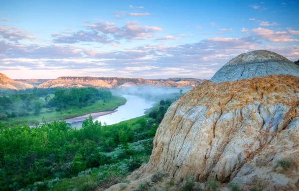Деревья, горы, природа, река, США, Северная Дакота, Малая Миссури, Little Missouri National Grassland
