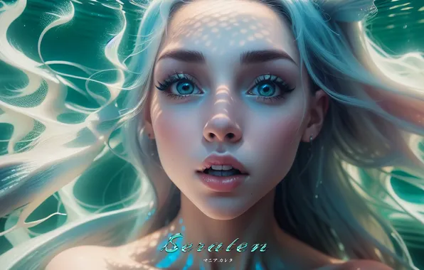 Girl, fantasy, blue eyes, digital art, artwork, mermaid, fantasy art, closeup