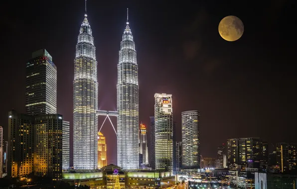Ночь, город, луна, Малайзия, Куала Лумпур