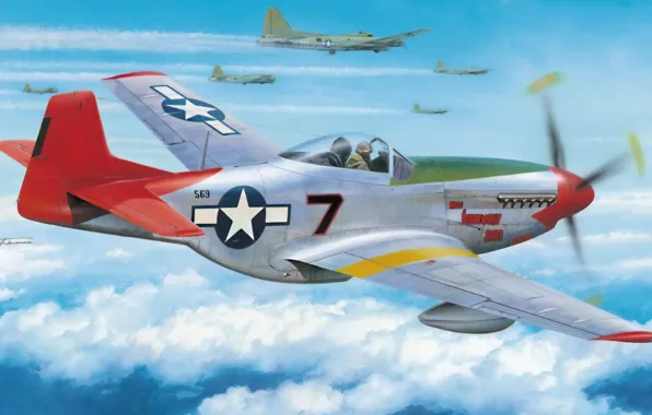 Картинка aircraft, war, art, painting, aviation, ww2, Tuskegee airmen, P-51 D Mustang