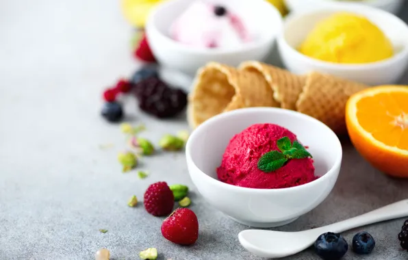 Шарики, ягоды, апельсин, мороженое, розовые, манго, десерт, color