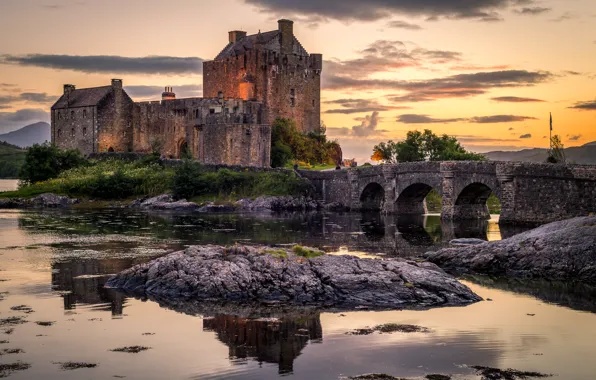 Вода, закат, мост, камни, замок, Шотландия, Eilean Donan Castle