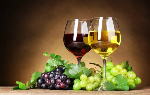 Картинка листья, ягоды, вино, красное, белое, бокалы, виноград, грозди
