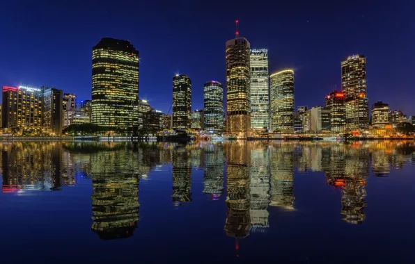 Картинка ночь, огни, отражение, река, небоскребы, подсветка, Австралия, мегаполис