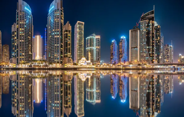 Вода, отражение, здания, дома, залив, Дубай, ночной город, Dubai