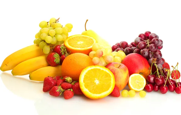Картинка ягоды, лимон, яблоки, апельсины, клубника, виноград, бананы, белый фон