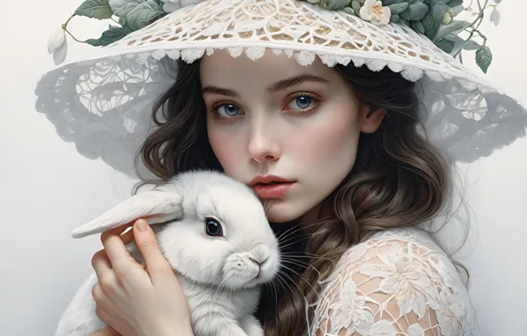 Белый, взгляд, девушка, цветы, заяц, портрет, шляпа, кролик