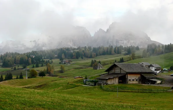 Картинка облака, горы, поля, Альпы, Италия, домики, луга, Seiser Alm