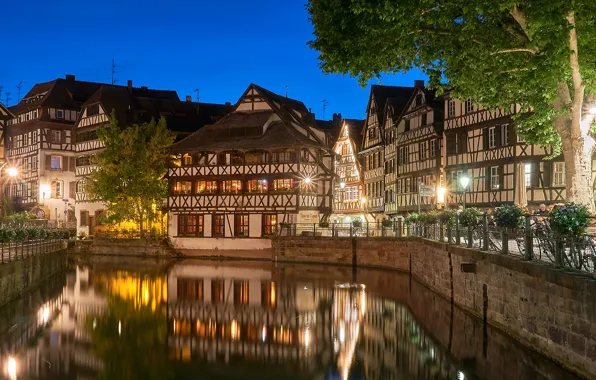 Отражение, Франция, здания, дома, канал, ночной город, набережная, Страсбург