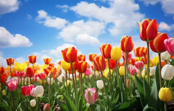 Поле, цветы, весна, colorful, тюльпаны, sunshine, цветение, blossom