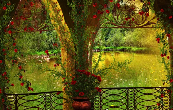 Картинка деревья, цветы, пруд, парк, арка, беседка