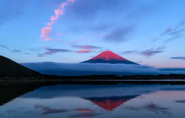 Небо, облака, озеро, отражение, гора, вечер, Япония, Фудзияма