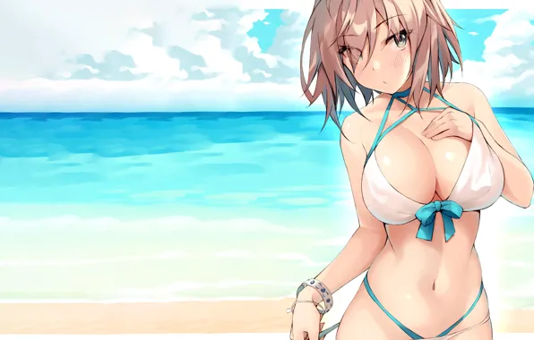 Girl, sexy, cleavage, beach, pink hair, sea, boobs, anime