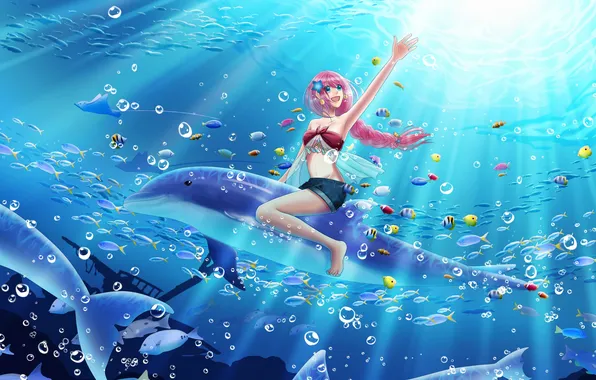 Картинка цветок, девушка, рыбы, пузыри, океан, аниме, арт, дельфины