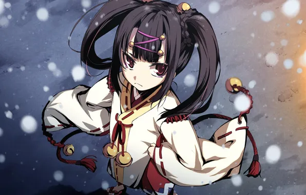 Снег, девочка, кимоно, game, g yuusuke, бубенца