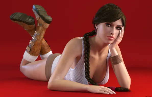 Картинка взгляд, сапоги, майка, лежит, Tomb Raider, красный фон, косичка, Lara Croft