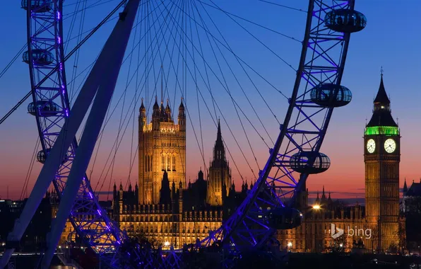 Лондон, башня, вечер, колесо, London, London Eye, Big Ben, Palace of Westminster