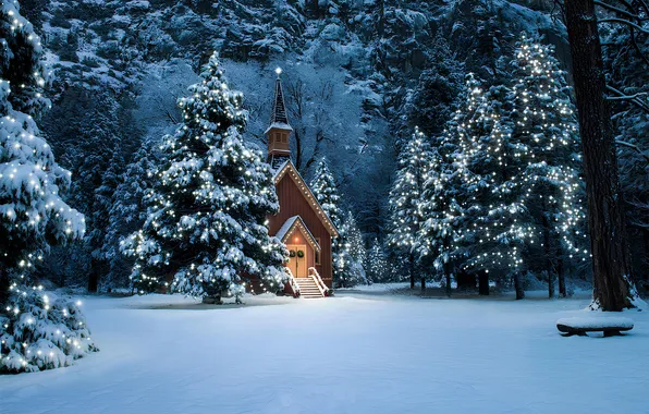 Вечер, Снег, Часовня, Snow, Evening, Зимний Лес, Chapel, Winter Forest