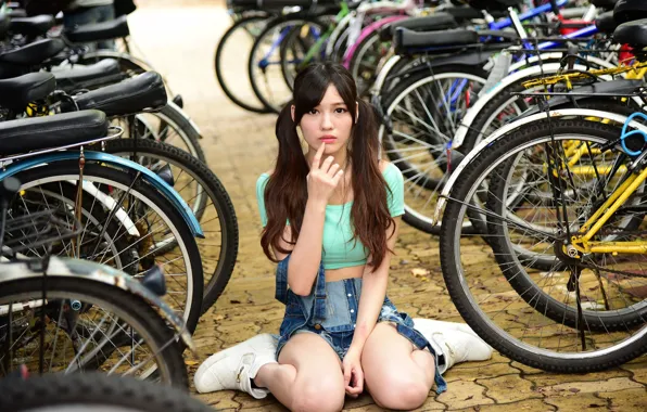 Картинка девушка, велосипед, лицо, модель, волосы, косички, сидит