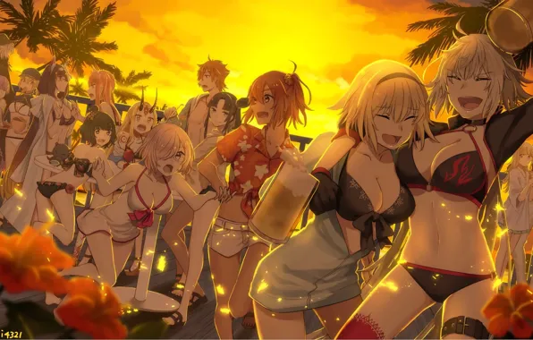 Картинка вечер, персонажи, Fate / Grand Order, лето, Судьба великая кампания, закат