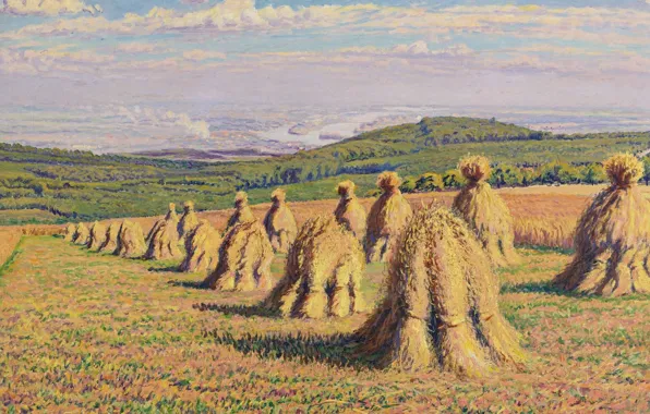 Поле, пейзаж, картина, сено, Gustave Cariot, Стога, Гюстав Карио