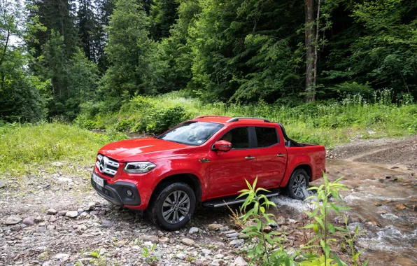 Картинка лес, красный, ручей, Mercedes-Benz, пикап, 2018, X-Class