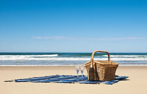 Картинка песок, море, пляж, вино, корзина, побережье, бутылка, покрывало