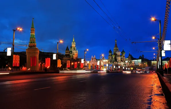 Дорога, ночь, мост, город, огни, вечер, Москва, Кремль