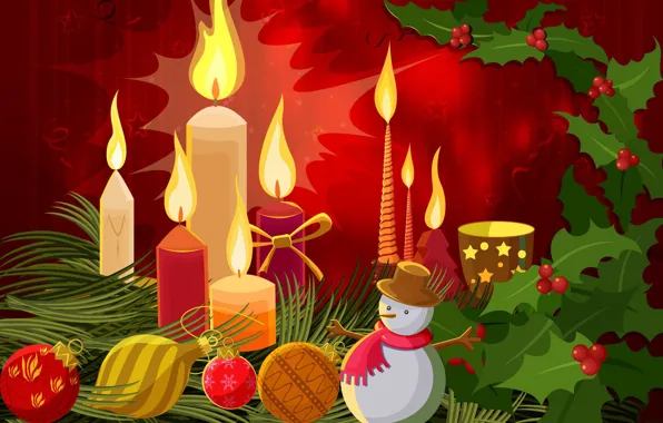 Картинка свеча, вектор, шарик, Новый Год, Рождество, снеговик, открытка