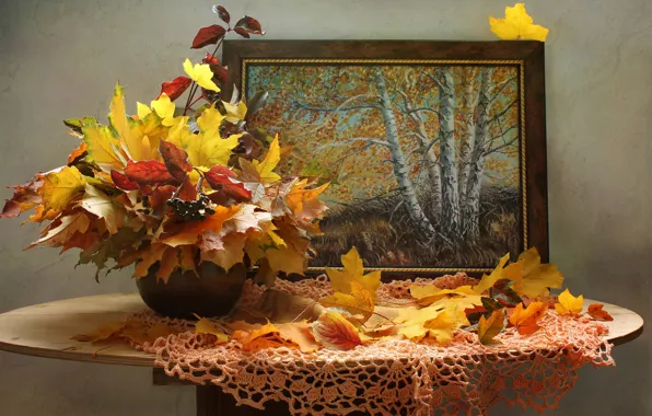 Картинка осень, листья, ветки, ягоды, картина, ваза, клён, столик